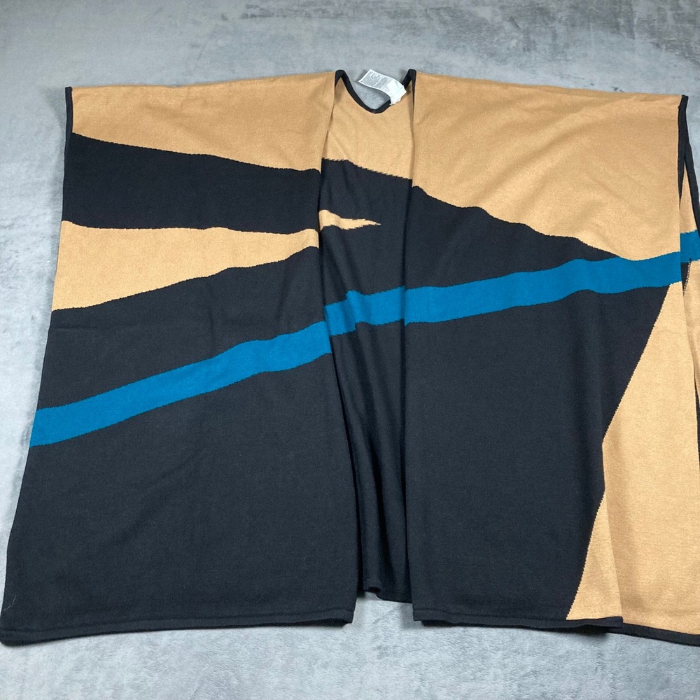 Chicos Colorblock Knit Poncho Wrap Black Tan Teal Blue SM